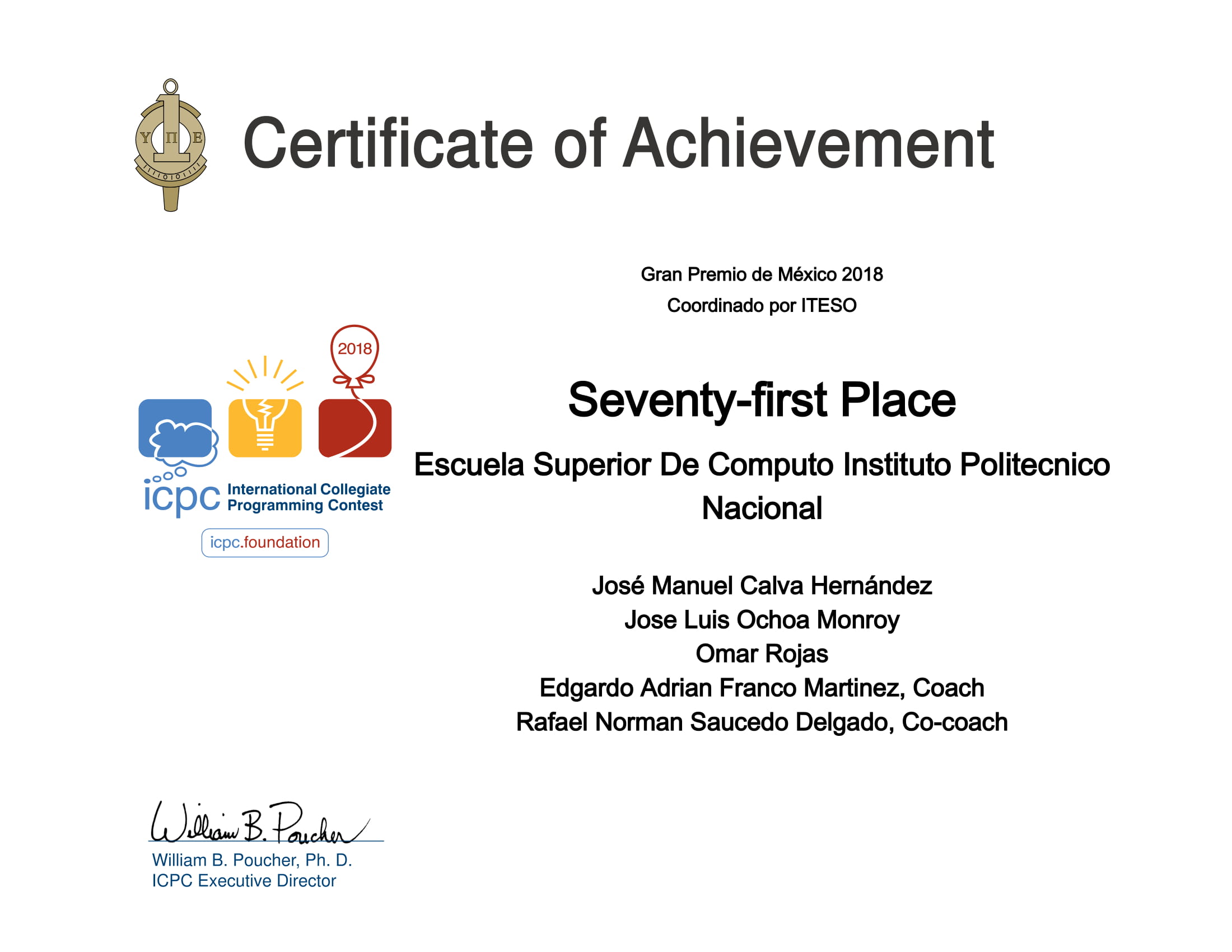 Award 21st Place - ICPC Regional Contest, 2018