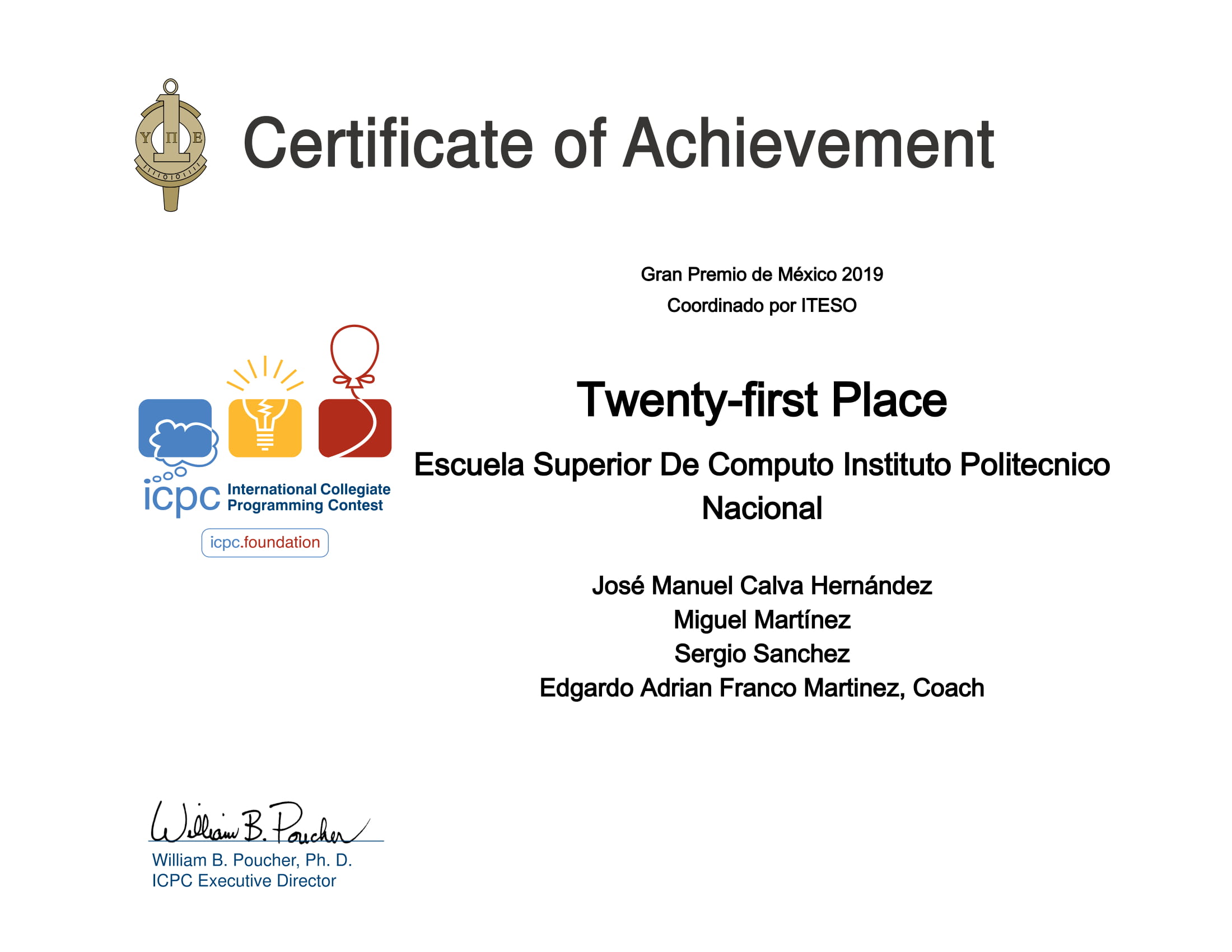 Award 21st Place - ICPC Regional Contest, 2019