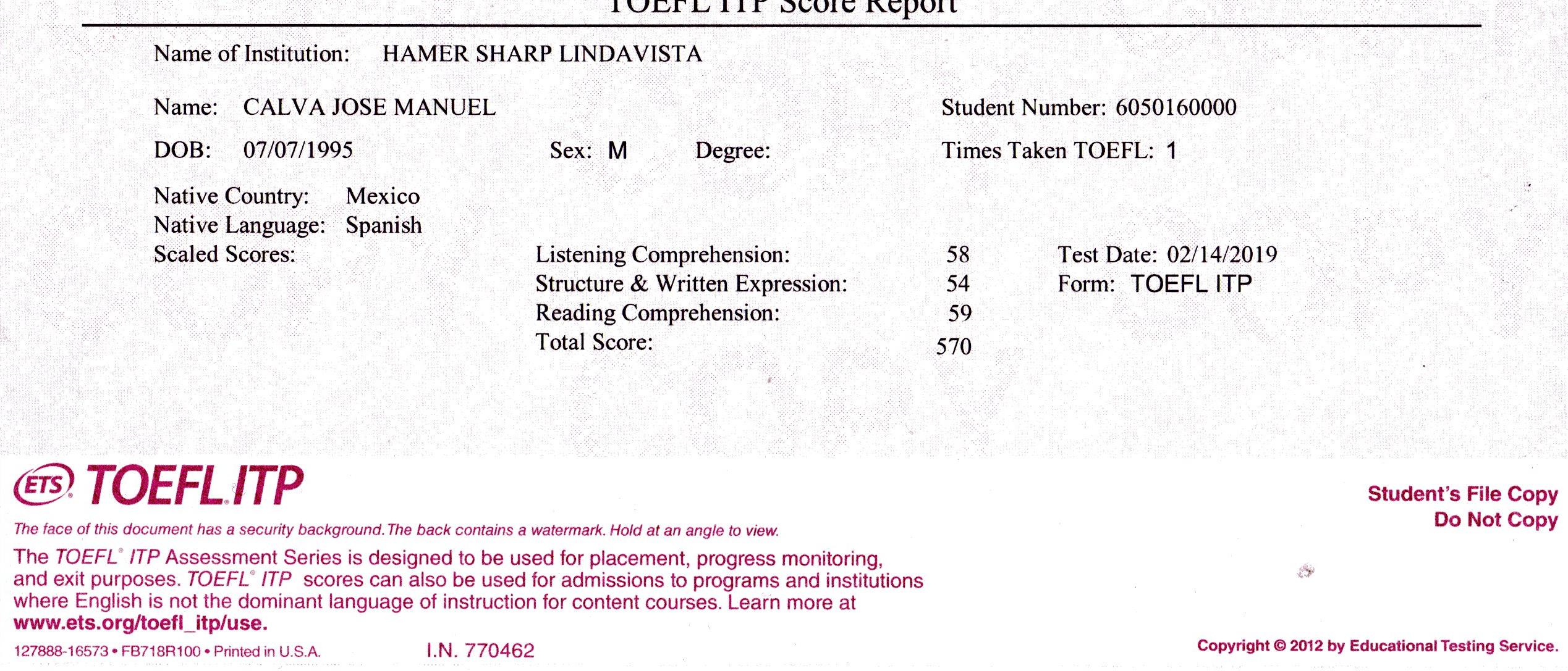 Certificate TOEFL ITP